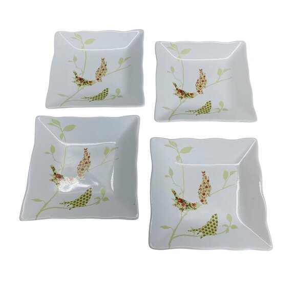 222 Fifth 6" Square Plates Set Bird & Leaf Botanical Ruffle Appetizer/Dessert - Picture 2 of 7